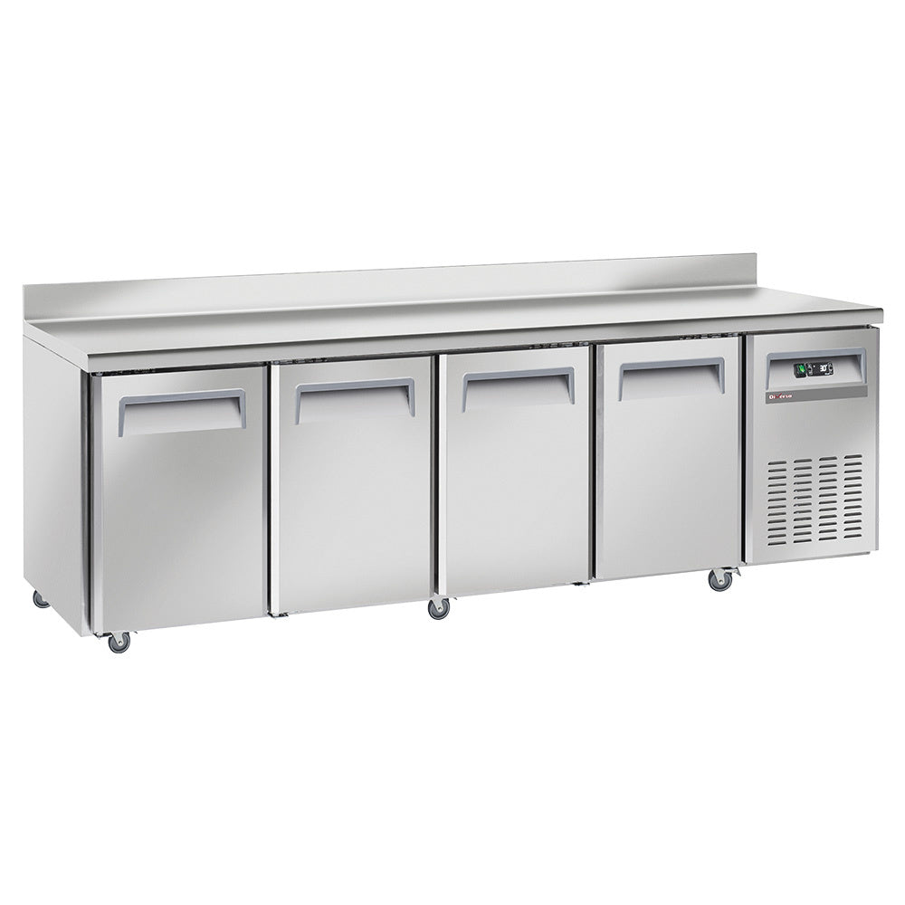 Table réfrigérée ventilée à dosseret sur roues avec freins - 4 portes GN 1/1 - WR-GTN4-3ND - TABLE RÉFRIGÉRÉE INOX