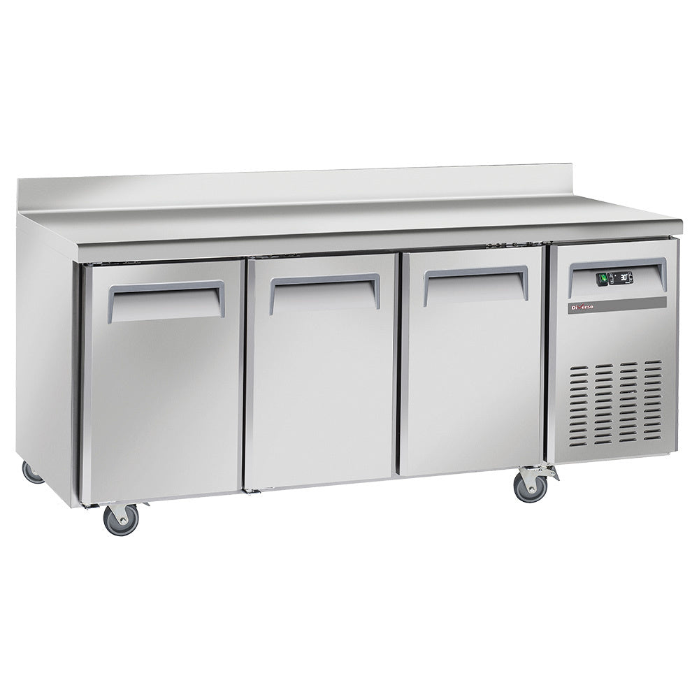 Table réfrigérée ventilée avec dosseret sur roues avec freins - 3 portes GN 1/1 - WR-GTN3-3ND - TABLE RÉFRIGÉRÉE INOX