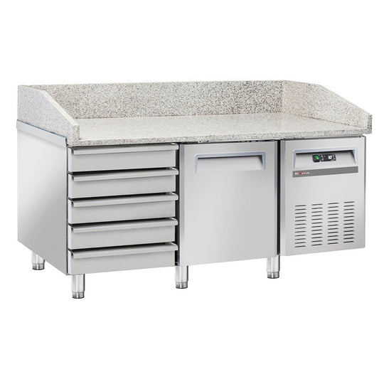 Table à pizzas réfrigérée sur roues -1 porte EN 600x400 - 5 tiroirs neutres EN 600x400 - WR-PZ15-51 - TABLE