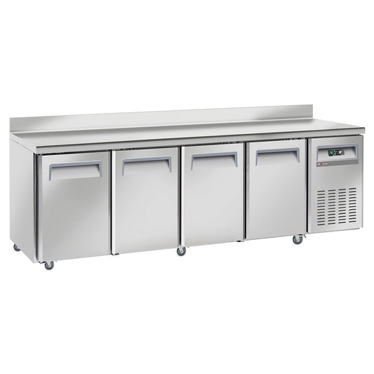 Table réfrigérée ventilée à dosseret sur roues avec freins - 4 portes GN 1/1 - WR-GTN4-3ND - TABLE RÉFRIGÉRÉE INOX