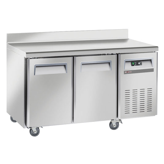 Table réfrigérée ventilée avec dosseret sur roues avec freins - 2 portes GN 1/1 - WR-GTN2-2ND - TABLE RÉFRIGÉRÉE INOX