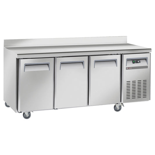 Table réfrigérée ventilée avec dosseret sur roues avec freins - 3 portes GN 1/1 - WR-GTN3-3ND - TABLE RÉFRIGÉRÉE INOX
